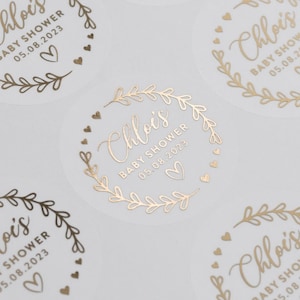 Personalised Baby Shower Foil Stickers, Gender Reveal Sticker With Foil, Gold, Rose Gold, Baby Shower Favour Stickers 51mm ST127