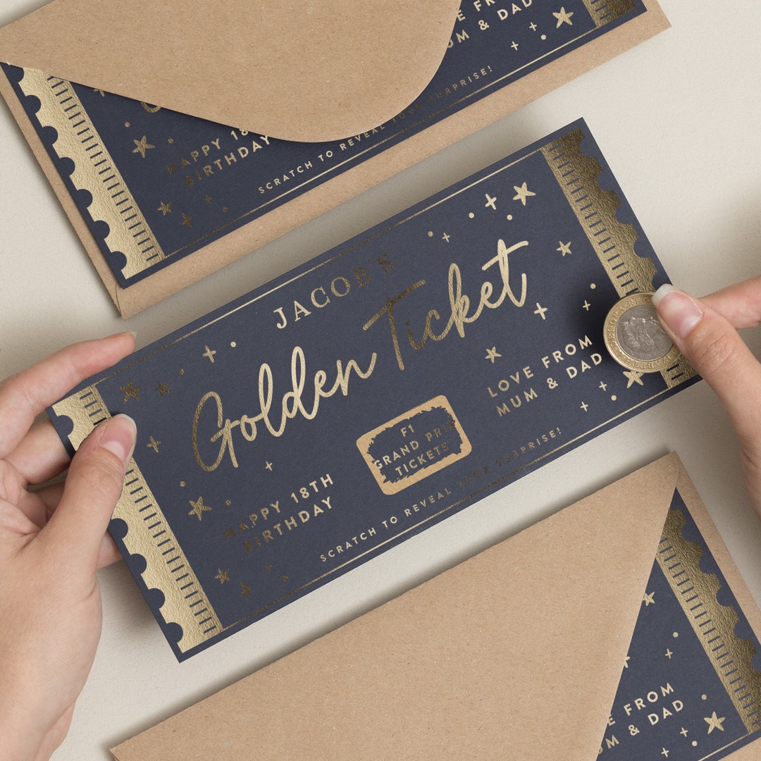 Personalised Birthday Gift Voucher, Golden Ticket Gift Voucher, Gold