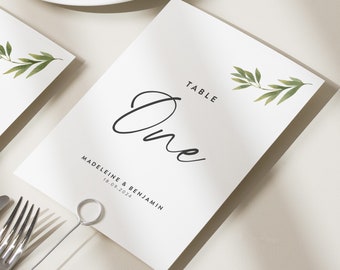 Minimalistic Greenery Wedding Table Names, Green Leaf Table Numbers, Rustic Table Number Cards, Wedding Table Decor 'Madeleine'