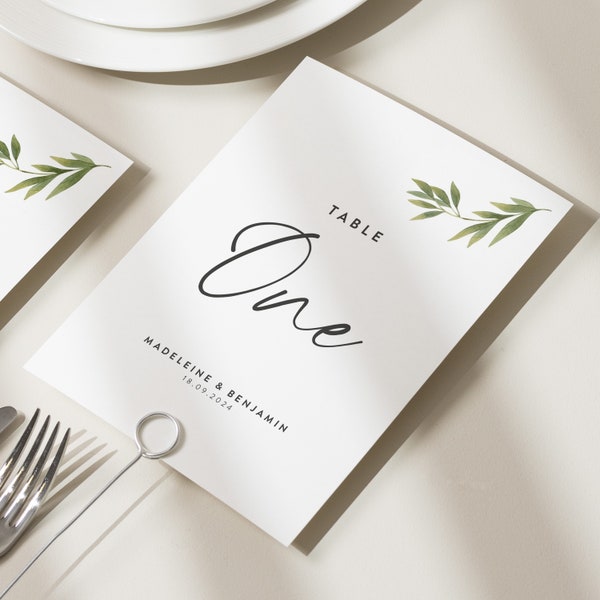 Noms de table de mariage de verdure minimaliste, numéros de table de feuille verte, cartes de numéro de table rustiques, décor de table de mariage « Madeleine »