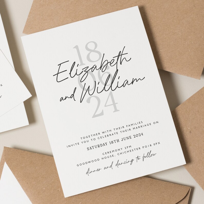 Calligraphy Wedding Invitation Set, Classic Wedding Invitation Card, Simple Wedding Invitations Suite, Modern Invite 'Elizabeth' SAMPLE image 1