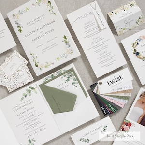 Floral Greenery Wedding Invitation Set, Eucalyptus Wedding Invites with Envelopes, Green Leaf Wedding Invitation Bundle 'Amelia' SAMPLE Twist Sample Pack