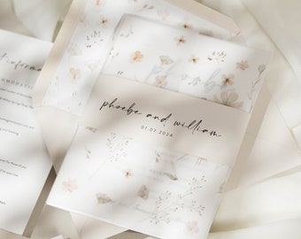 Simple Wedding Invitation Set, Floral Wedding Invitation Suite With RSVP, Minimalistic Wedding Invitations, Envelope Liners 'Phoebe' SAMPLE