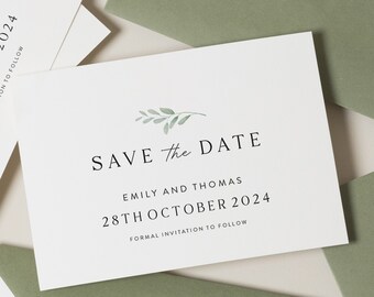 Olive Save The Date, Greenery, Save The Dates Green, Wedding Save The Date Cards, Personalised, Eucalyptus Save The Date Wedding