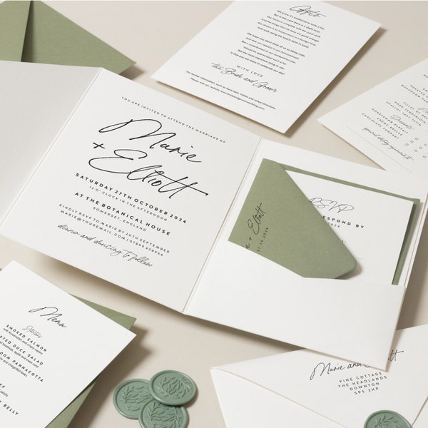 White And Green Elegant Pocketfold Wedding Invitation Set, Sage Pocketfold Invite Set With Bellyband RSVP & Guest Info Cards, 'Marie' SAMPLE