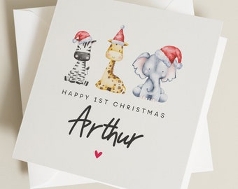 Happy 1st Christmas Card, Personalised Christmas Card For Boy And Girl, First Christmas Card Cute Safari Animal, Baby's 1st Christmas Card