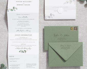 Greenery Concertina Wedding Invitation, Eucalyptus Botanical Wedding Invitations with Vellum and Wax Seal 'Aisyah' SAMPLE