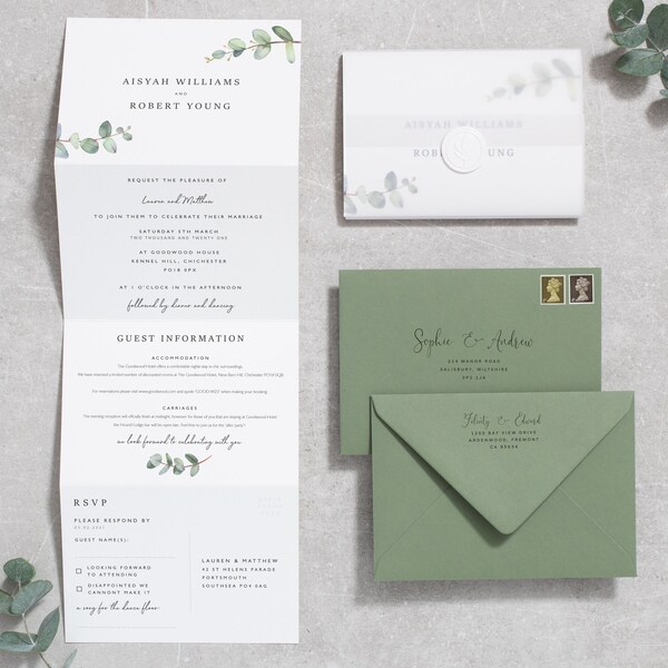 Grüne Ziehharmonika Hochzeitseinladung, Eukalyptus Botanische Hochzeitseinladung mit Pergament und Wachssiegel 'Aisyah' MUSTER