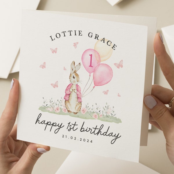 Happy 1st Birthday Card Girl, Baby Birthday Card, Personalised First Birthday Card, Rabbit Birthday Card, One Year Birthday Card