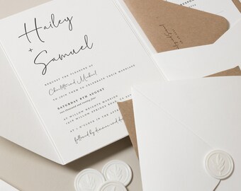 Simple Wedding Invitation Set with Kraft, Modern White Wedding Invite, Calligraphy Invitation Suite with Info Card and RSVP 'Hailey' SAMPLE