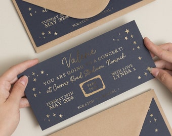 Personalised Gold Foil Scratch Gift Voucher, Coldplay Gig Ticket Foil Gift Voucher, Scratch Reveal Gift, Scratch To Reveal, Gig Ticket