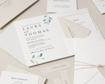 Elegant Botanical Wedding Invitations, Eucalyptus Wedding Invite, Sage Invitation, Greenery Wedding Stationery With Floral, 'Laura' SAMPLE