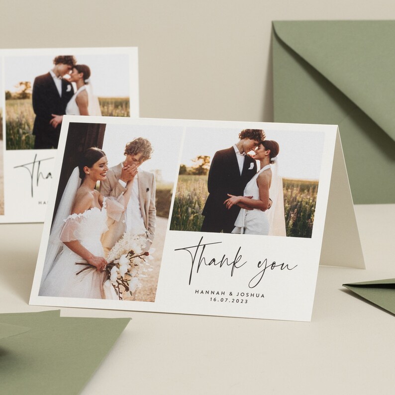Personalisierte Foto Hochzeit Dankeskarten, Hochzeit Dankeskarte Multipack, Modernes Hochzeitsfoto Dankeskarte, Danke mit Umschlägen Bild 1