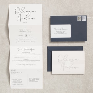 Calligraphy Wedding Invitation With Vellum and Wax Seal, Classic Concertina Wedding Invites With RSVP, Navy Wedding Invites 'Olivia' SAMPLE