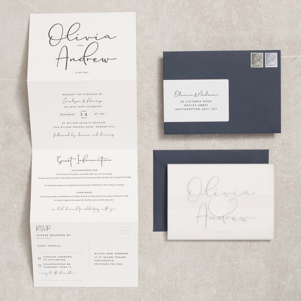 Kalligraphie-Hochzeitseinladung mit Pergament und Wachssiegel, klassische Ziehharmonika-Hochzeit lädt mit RSVP ein, Marine-Hochzeit lädt 'Olivia' PROBE ein