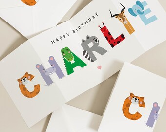 Personalised Animal Birthday Card, Boy Birthday Jungle Card, Safari Animals Card For Girl, Kids Birthday Card With Animals, Animal Alphabet