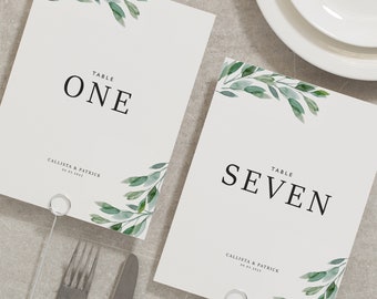 Personalised Greenery Wedding Table Numbers, Eucalyptus Reception Table Names, Botanical Table Number Cards, Rustic Table Number 'Callista'