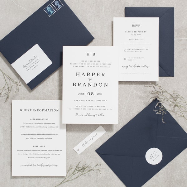 Classic Monogram Wedding Invitation Set, Navy Blue Wedding Invites RSVP, Insert and Envelopes, Simple Wedding Stationery 'Harper' SAMPLE