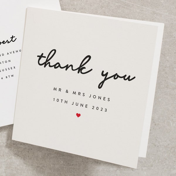 Simple Wedding Thank You Greeting Card, Personalised Newlywed Thank You Card, Customisable Wedding Thank You Card Names and Date TY033