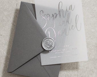 Silver Foil Save The Date Invites, Vellum Save The Date, Real Foil Wedding Save The Dates, With Wax Seal And Envelopes, Translucent 'Sophia'