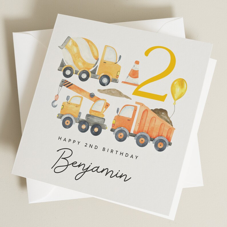 Personalised 2nd Birthday Card For Son, Digger Birthday Card, Construction Birthday Card For Boy, For Grandson, 2 Year Old Boy Gift image 1