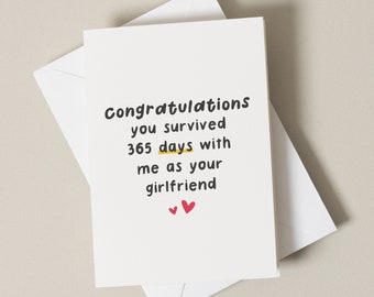 1 Year Boyfriend Anniversary Card, Congratulations You Survived 365 Days with Me as Your Girlfriend, 1st Anniversary Card for Boyfriend