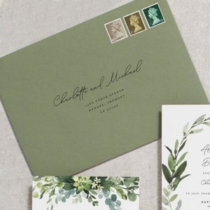 Greenery Wedding Invitation Set Green Leaf Leaves Wedding Invitations Invites Foliage Printed, Olive Green 'Alethea' SAMPLE image 4
