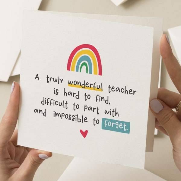 Teacher Thank You Card, Rainbow Teacher Thank You Card, Wonderful Teacher Card, End of Term Gift For Teacher, End Of School Card