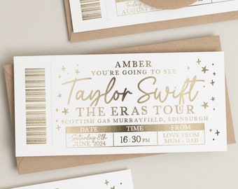 Personalised Gold Foil Scratch Gift Voucher, Taylor Swift Gig Ticket Gift Voucher, Scratch Reveal Gift, Scratch To Reveal, Gig Ticket