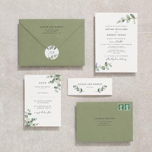 Eucalyptus Wedding Invitation Bundle, Greenery Wedding Invite Set with RSVP and Belly Band Envelopes Twist Stationery 'Aisyah' SAMPLE