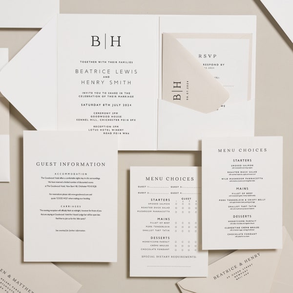 Modern Pocketfold Wedding Invite Set, Minimal Pocketfold Invite Suite, Simple Invitations With RSVP & Guest Info Card, 'Beatrice' SAMPLE