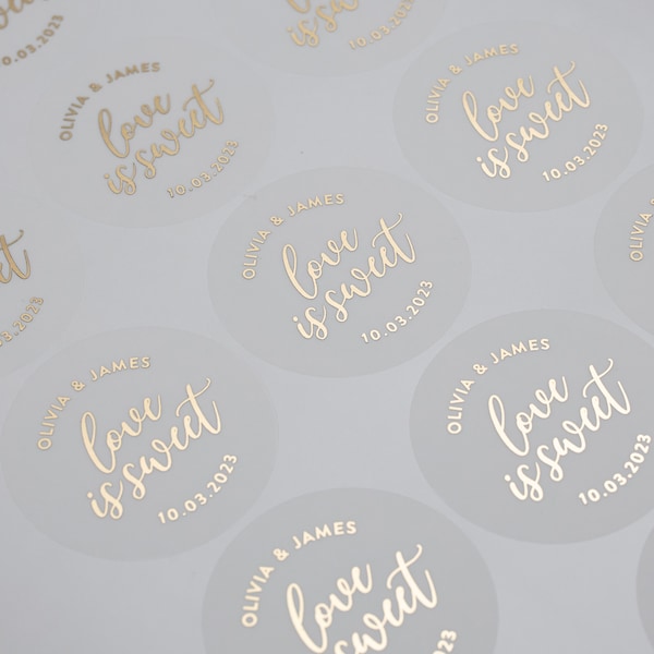 Sweet Bag Wedding, Cute Foil Wedding Favour Stickers, Gold, Silver or Rose Gold, Custom Stickers Any Name, Love Is Sweet Labels, 37mm ST021