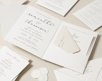 Beautiful Mist Wedding Invitation With Bellyband, Modern Pocketfold Invitation, Bellyband And Envelope Invitation Suite 'Samantha' SAMPLE