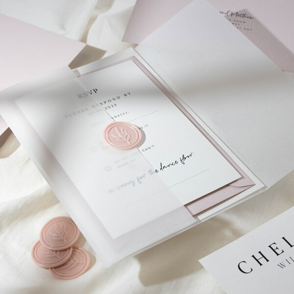 Blush Wedding Invitation Suite, Vellum Wedding Invitations Set with Pink Envelopes & RSVP, Modern Wedding Invite Bundle 'Chelsea' SAMPLE