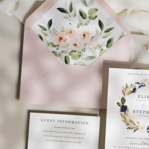 Blush And Navy Wedding Invitations, Floral Wedding Invitation with RSVP, Pink and Navy Wedding Invites, With Envelope Liners 'Elise' SAMPLE image 3