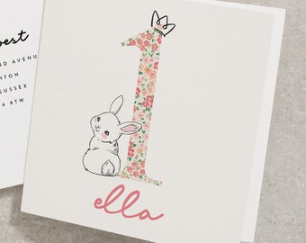 1. Geburtstagskarte Mädchen, Baby-Geburtstagskarte, personalisiert mit Babynamen, Kaninchen-Geburtstagskarte UK, für sie, eine Geburtstagskarte, Mädchen BC811