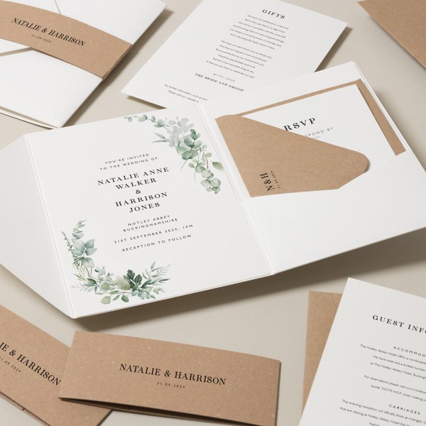 Elegant Botanical Wedding Invitations, Eucalyptus Wedding Invite, Sage Invitation, Greenery Wedding Stationery With Floral, 'Natalie' SAMPLE