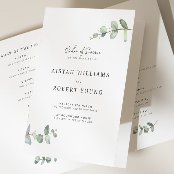 Greenery Order Of Service, Wedding Booklet, Church or Civil Ceremony, Textured Card Cover, Wedding Ceremony, Floral Wedding Program 'Aisyah'