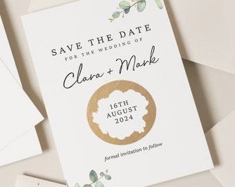Eucalyptus Save The Date Cards, Minimal Save The Date Scratch Off Cards, Unique Wedding Save Our Date Cards, Engagement Announcement Card