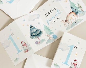 Happy 1st Christmas Card, Christmas Card For Boy, First Christmas Card Boy, with Cute Winter Animal, Baby's 1st Christmas Card