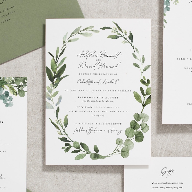 Greenery Wedding Invitation Set Green Leaf Leaves Wedding Invitations Invites Foliage Printed, Olive Green 'Alethea' SAMPLE image 2