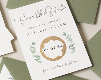 Greenery Save The Date Cards, Botanical Save The Date Scratch Off Cards, Modern Wedding Save Our Date Cards, Wedding Date Announcement Card