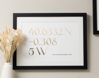 Custom Latitude Coordinates Print For Couples, Wife, Husband, Gold Foil Location Print, Framed Anniversary Wedding Gift, New Home Print