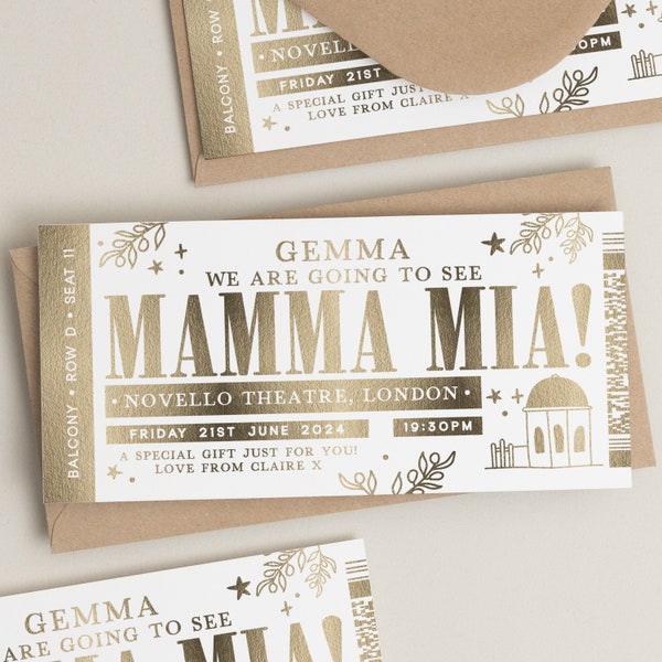 You're Going To See Mamma Mia, Theatre Ticket, Personalised Musical Theatre Ticket, Surprise Broadway Ticket, Musical Reveal, Memorabilia