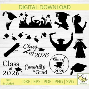 May include: Black and white graduation-themed digital download with various silhouettes of graduates, mortarboards, diplomas, and the text "Class of 2026" and "Congrats Grad". Includes file formats DXF, EPS, PDF, PNG, and SVG.