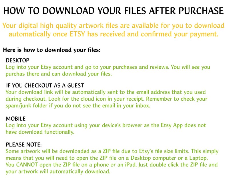 May include: A white background with green text explaining how to download digital files after purchasing from Etsy. The text includes instructions for both desktop and mobile devices, as well as information about downloading files as a ZIP file.