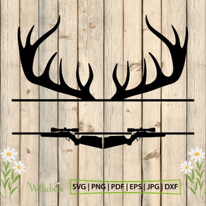 Bois de cerf fendu monogramme SVG, nom personnalisé, conception personnalisée de chasse à l'homme, fusil avec lunette, cadeau chasseur, décoration murale, téléchargement numérique
