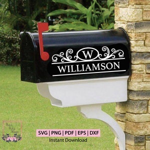 Puede incluir: Buzón negro con una bandera roja y una placa con el nombre personalizado en blanco y negro que dice "WILLIAMSON". La placa tiene un diseño decorativo con la letra "W" en el centro. El buzón está montado en una pared de ladrillo.