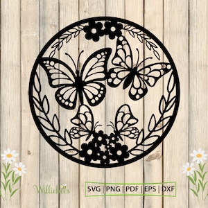 Papillons avec des fleurs SVG, Papillon monarque en cercle, Silhouette florale, Clipart ornement papillon, Fichier coupé, Téléchargement numérique