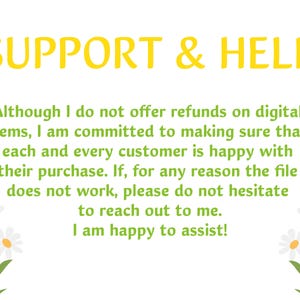 May include: A white text graphic on a yellow background with the words "SUPPORT & HELP". The text below explains that the seller offers support for digital items and is committed to customer satisfaction.